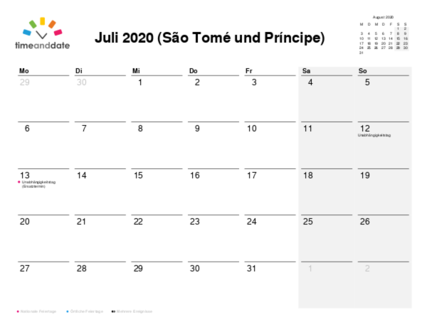 Kalender für 2020 in São Tomé und Príncipe