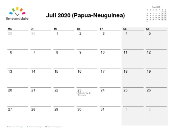 Kalender für 2020 in Papua-Neuguinea