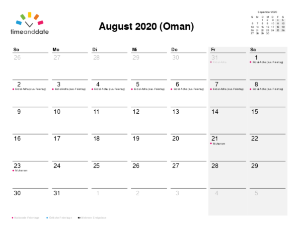 Kalender für 2020 in Oman