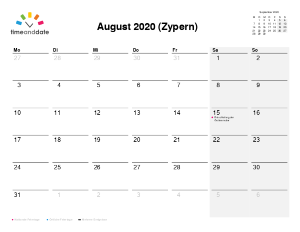 Kalender für 2020 in Zypern