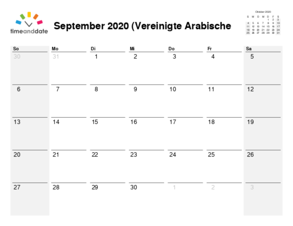 Kalender für 2020 in Vereinigte Arabische Emirate