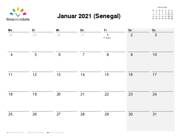 Kalender für 2021 in Senegal