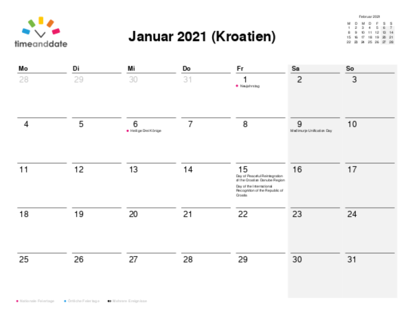 Kalender für 2021 in Kroatien