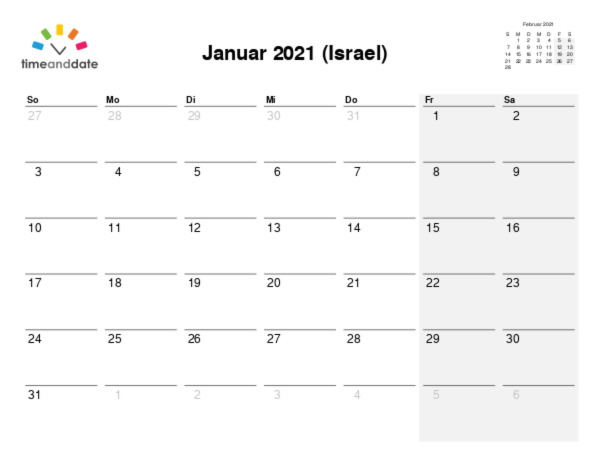 Kalender für 2021 in Israel