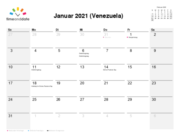 Kalender für 2021 in Venezuela