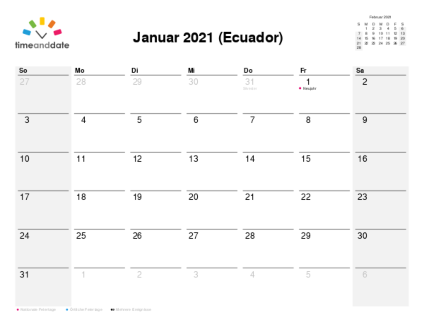 Kalender für 2021 in Ecuador