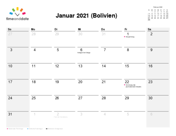 Kalender für 2021 in Bolivien