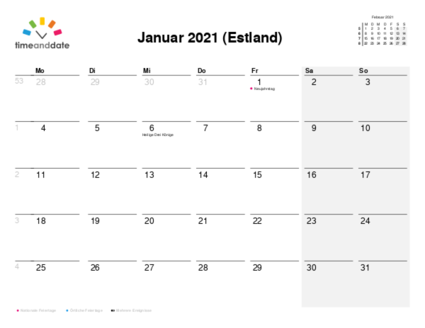 Kalender für 2021 in Estland