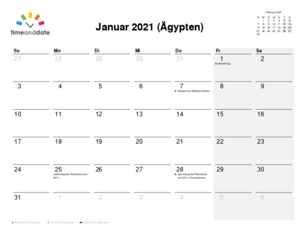 Kalender für 2021 in Ägypten