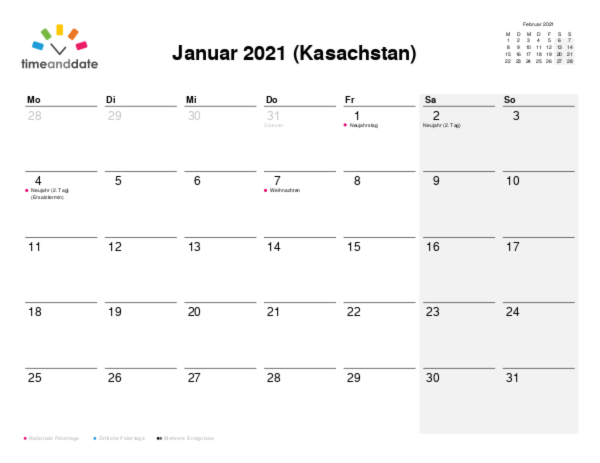 Kalender für 2021 in Kasachstan