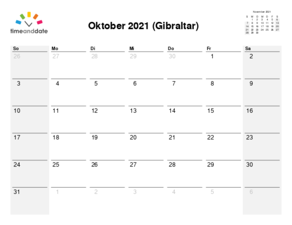 Kalender für 2021 in Gibraltar