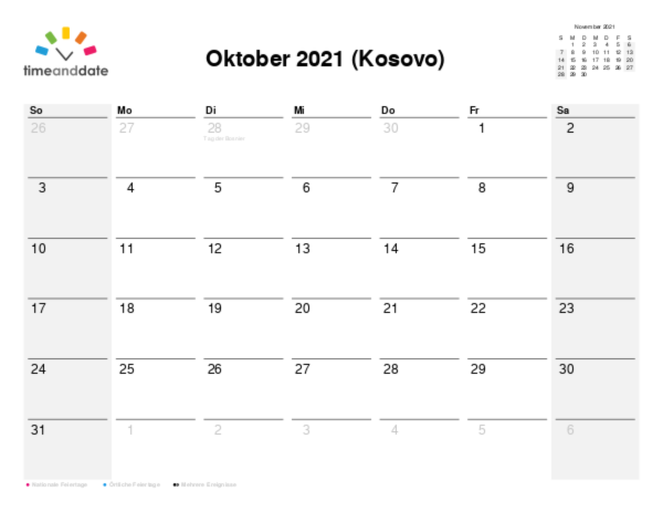 Kalender für 2021 in Kosovo