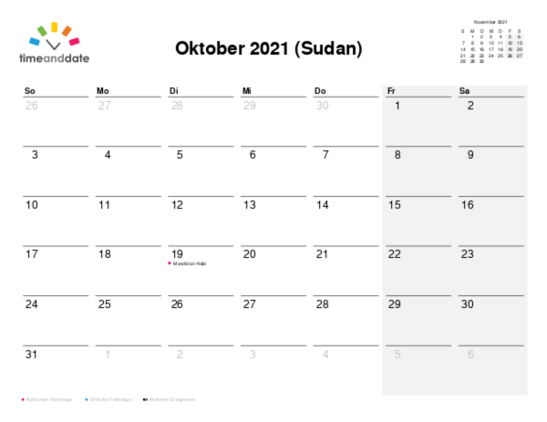 Kalender für 2021 in Sudan