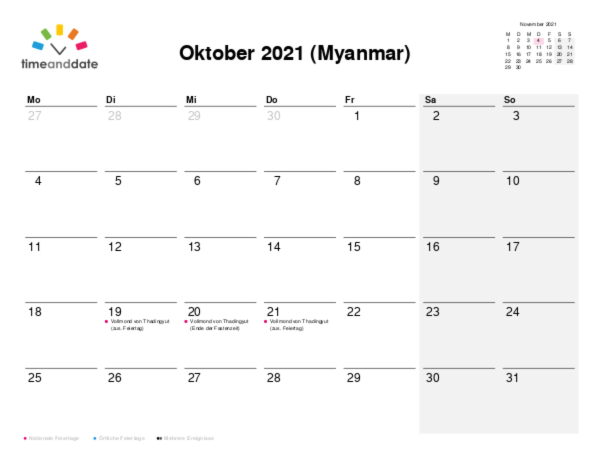 Kalender für 2021 in Myanmar