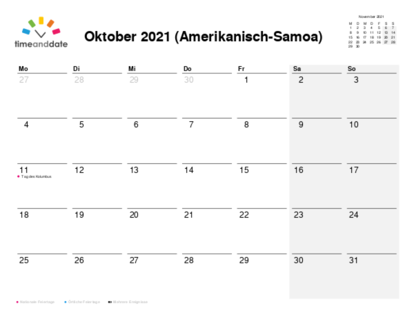 Kalender für 2021 in Amerikanisch-Samoa
