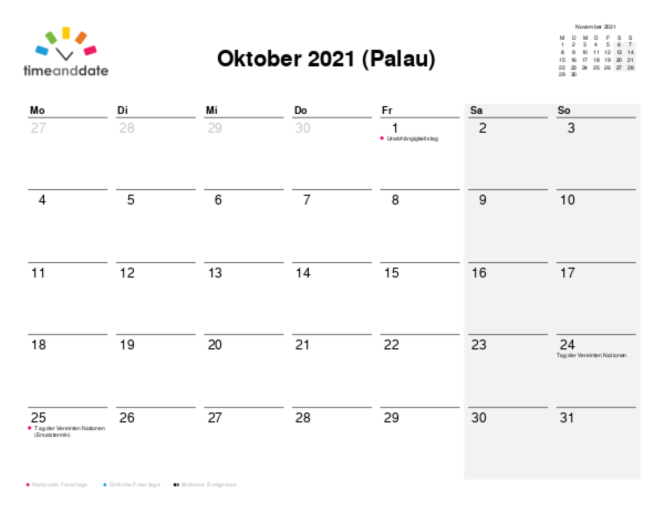 Kalender für 2021 in Palau