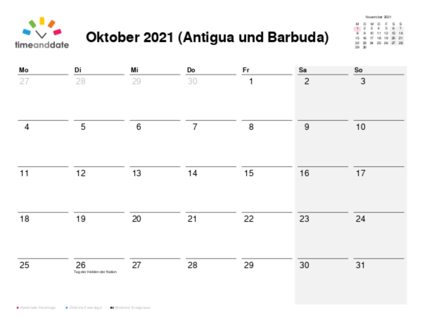 Kalender für 2021 in Antigua und Barbuda