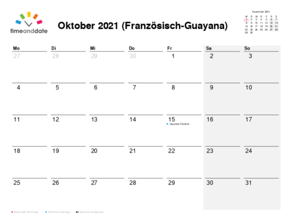 Kalender für 2021 in Französisch-Guayana