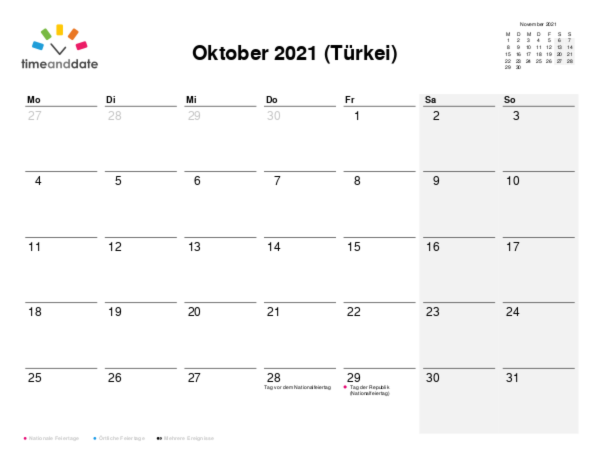 Kalender für 2021 in Türkei