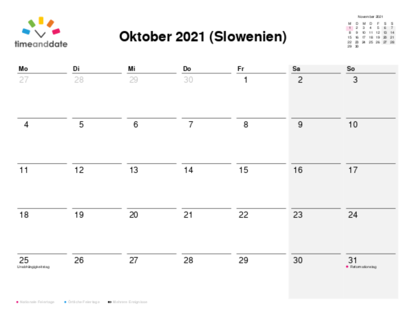 Kalender für 2021 in Slowenien