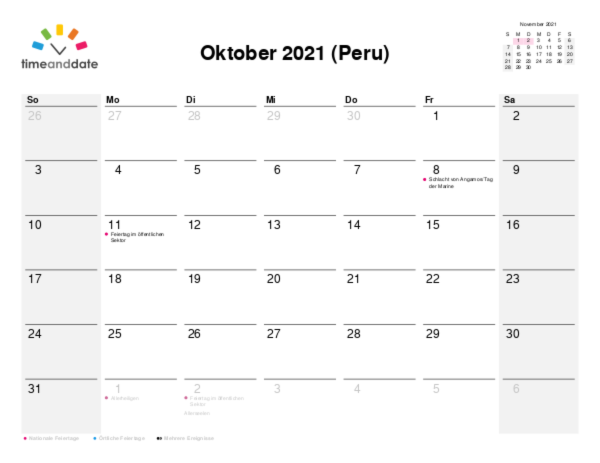 Kalender für 2021 in Peru