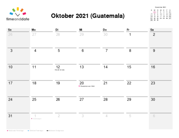 Kalender für 2021 in Guatemala