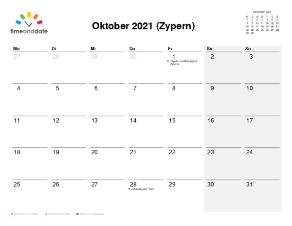 Kalender für 2021 in Zypern
