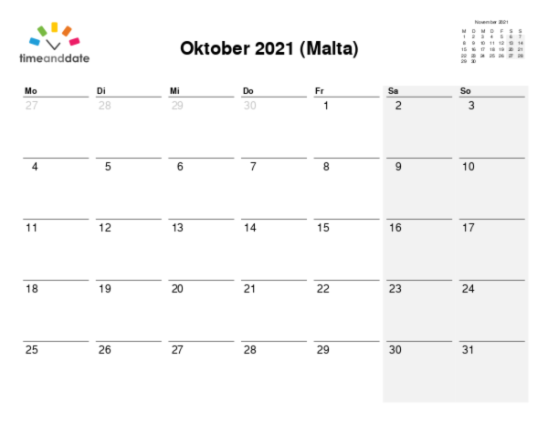Kalender für 2021 in Malta