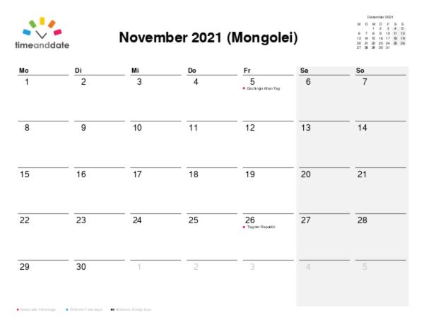 Kalender für 2021 in Mongolei