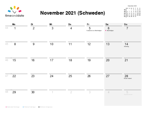 Kalender für 2021 in Schweden