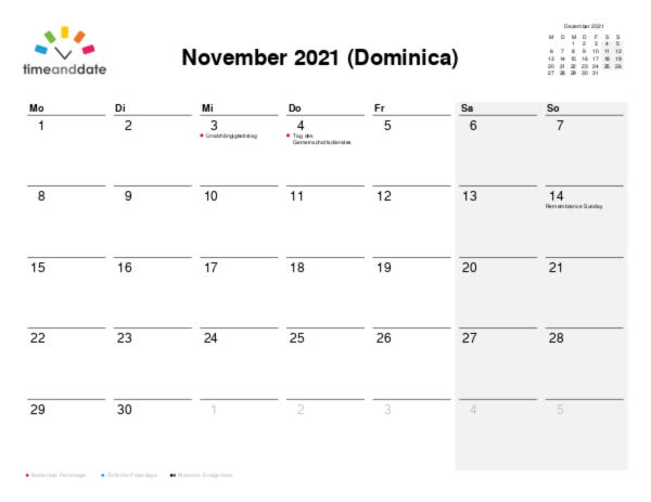 Kalender für 2021 in Dominica