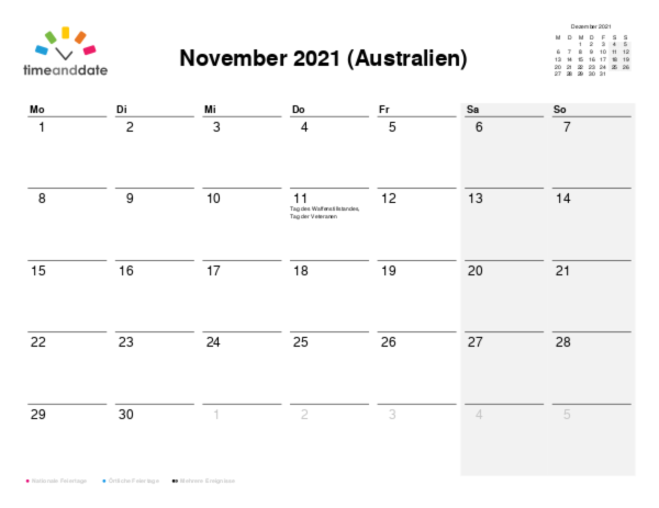Kalender für 2021 in Australien