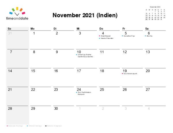 Kalender für 2021 in Indien