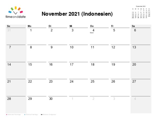 Kalender für 2021 in Indonesien