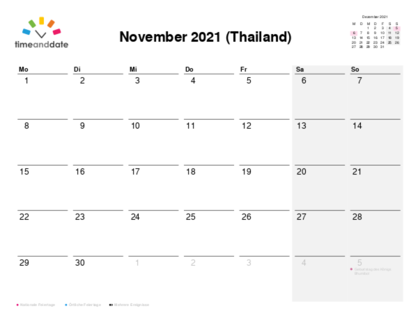 Kalender für 2021 in Thailand