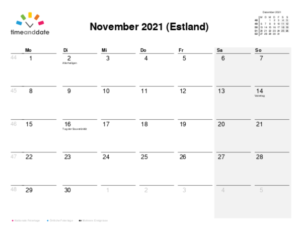 Kalender für 2021 in Estland