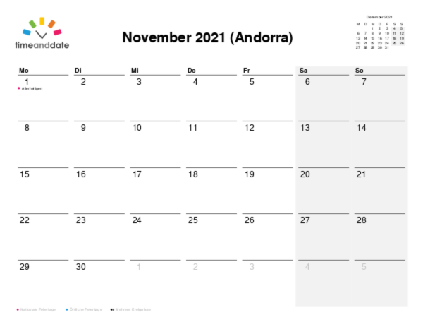 Kalender für 2021 in Andorra