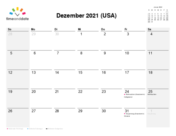 Kalender für 2021 in USA