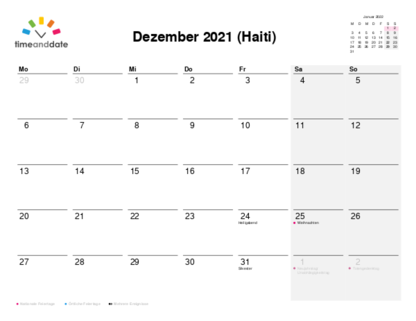 Kalender für 2021 in Haiti