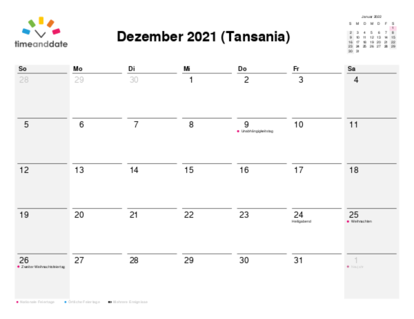 Kalender für 2021 in Tansania