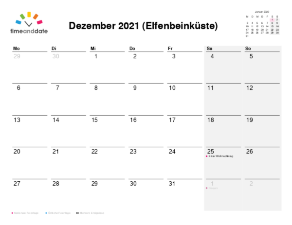 Kalender für 2021 in Elfenbeinküste