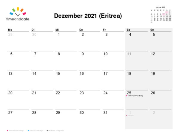 Kalender für 2021 in Eritrea