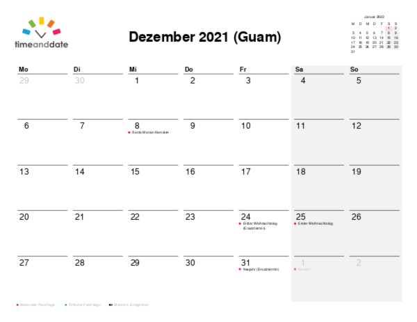 Kalender für 2021 in Guam