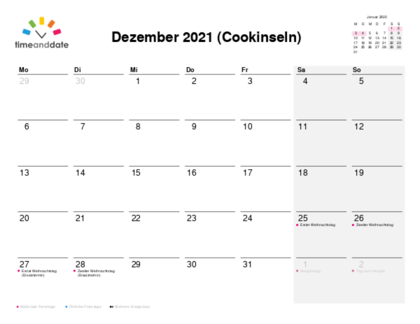 Kalender für 2021 in Cookinseln