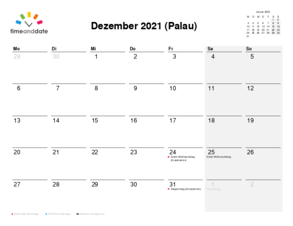Kalender für 2021 in Palau