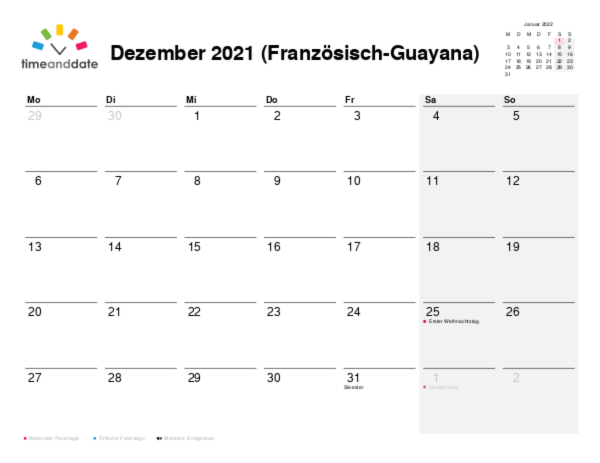 Kalender für 2021 in Französisch-Guayana