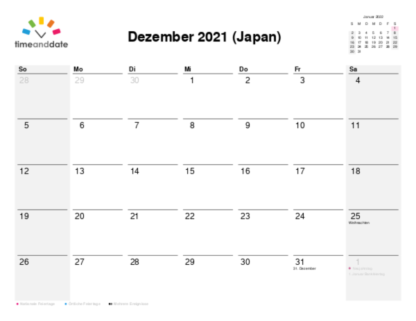 Kalender für 2021 in Japan