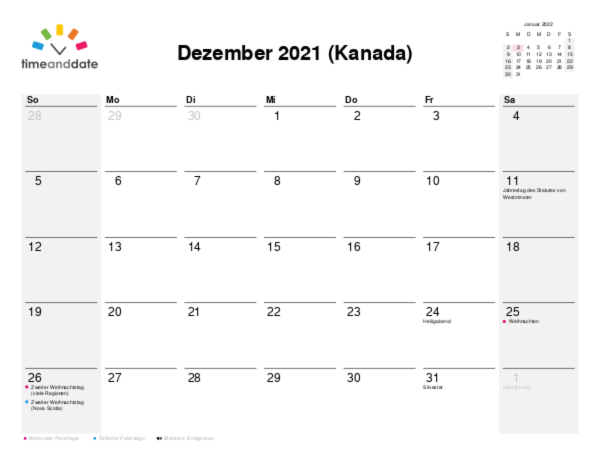 Kalender für 2021 in Kanada
