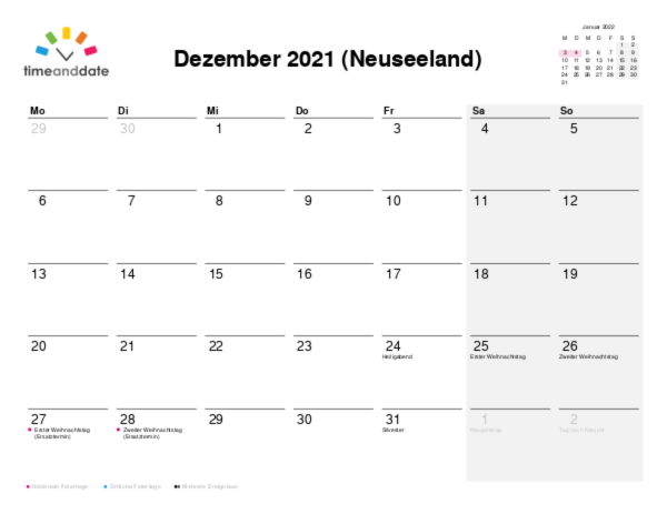 Kalender für 2021 in Neuseeland