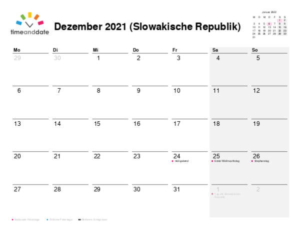 Kalender für 2021 in Slowakische Republik